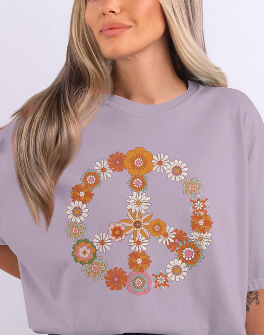 Vintage Floral Peace Symbol Graphic T-Shirt