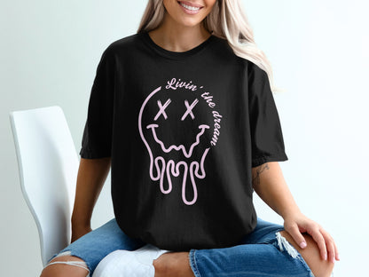 Livin' the dream smiley face characters drip tee