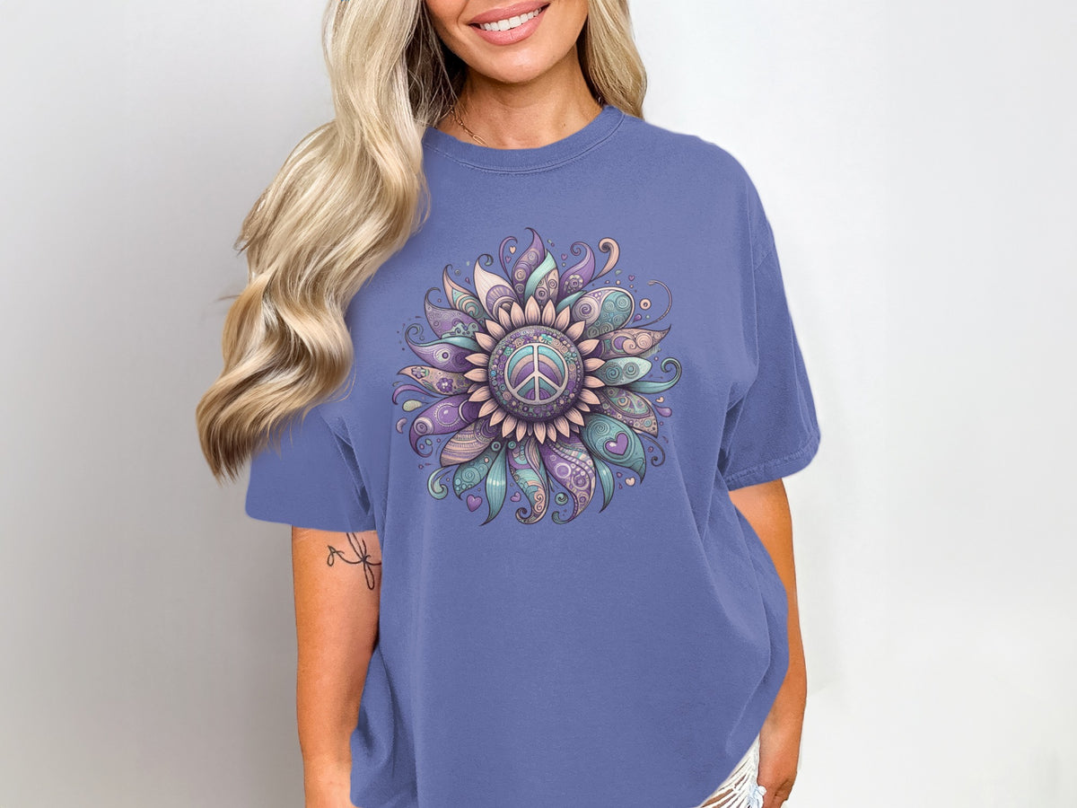 Vibrant Floral Peace Sign Graphic Design T-shirt