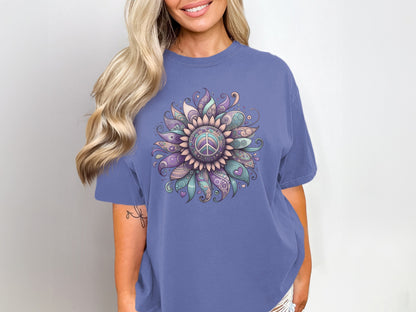 Vibrant Floral Peace Sign Graphic Design T-shirt