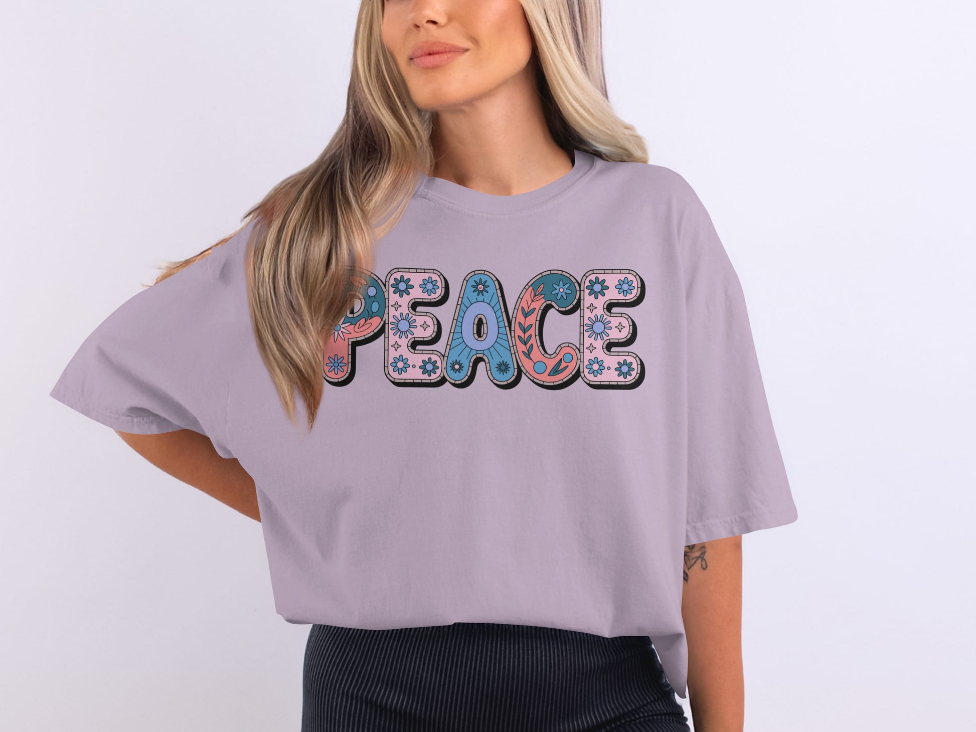 Peace Graphic Tee with Colorful Floral Design