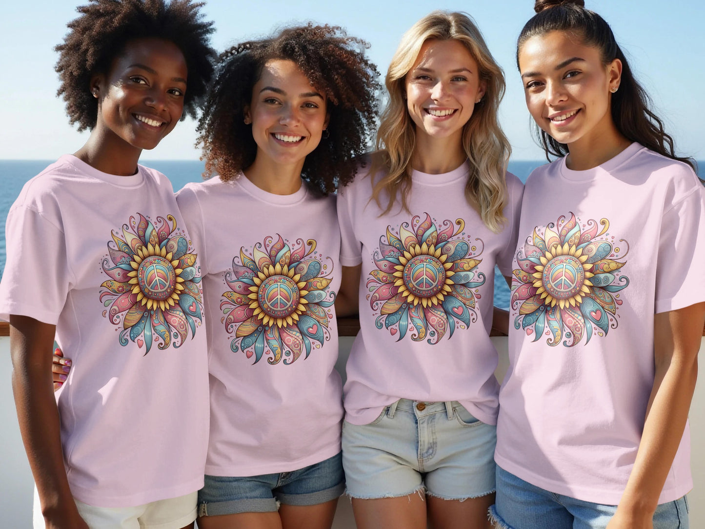 Colorful Peace Sign Mandala Design on Pink T-Shirt