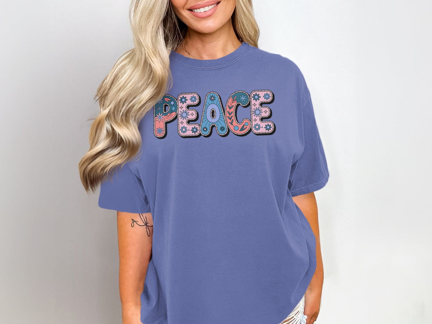 Peace Graphic Shirt with Colorful Lettering Design