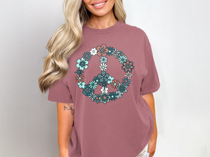 Floral Peace Sign Graphic T-Shirt Casual Wear
