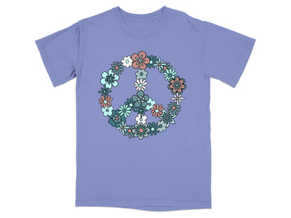 Floral Peace Sign Graphic on Purple T-shirt
