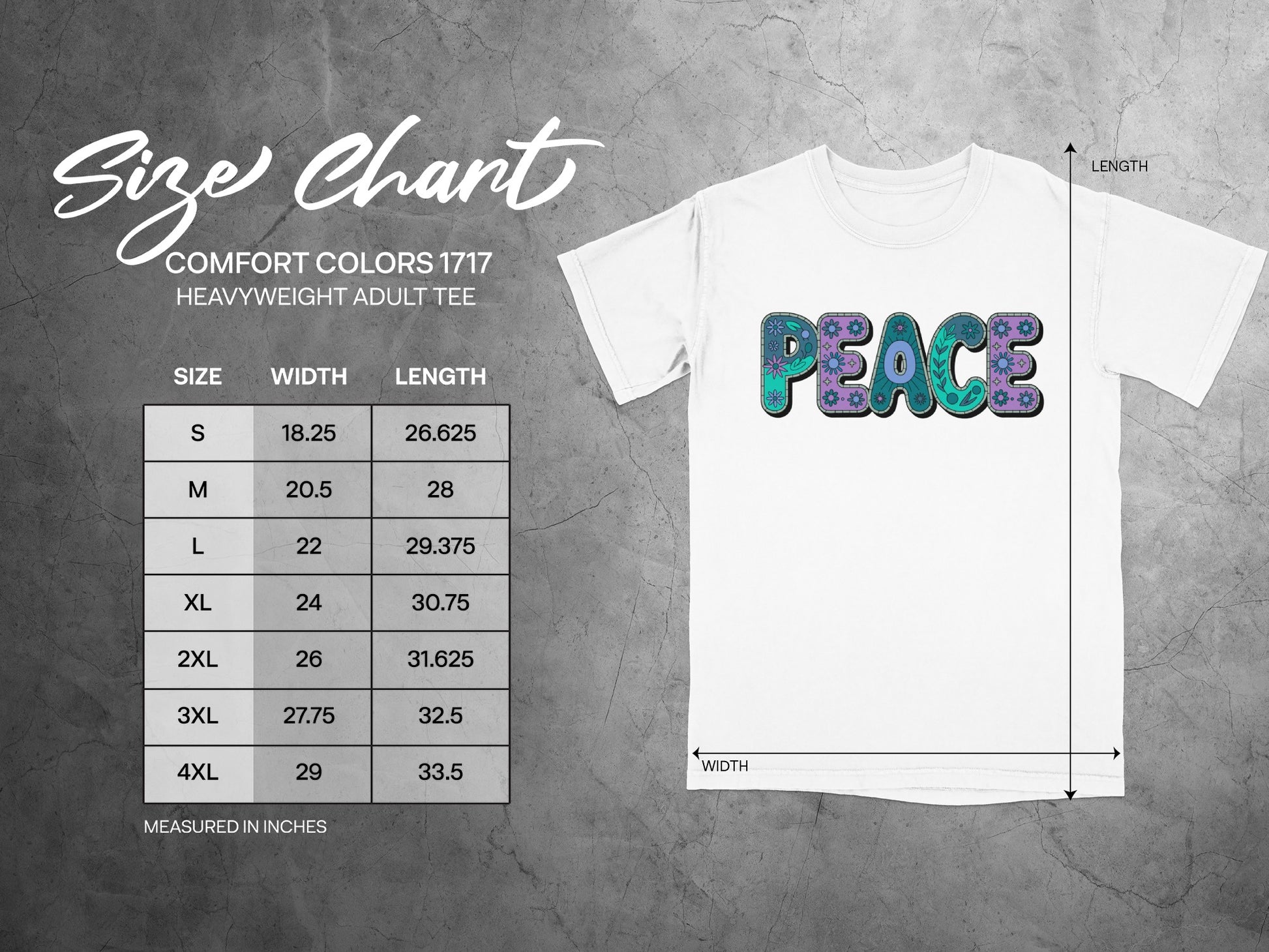 Peace Graphic Tee with Size Chart Guide Shirt