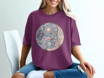 Floral Yin Yang Balance Casual Graphic T-Shirt product