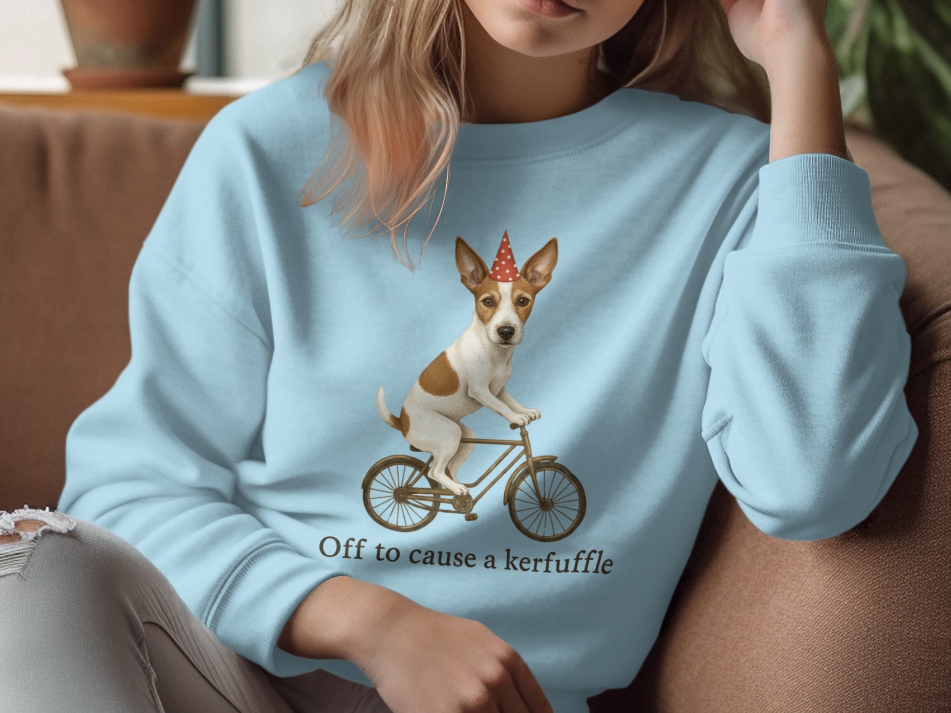 Off to cause a kerfuffle biking dog print sweatshirt