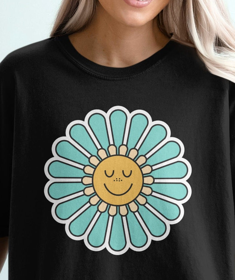 Cheerful Sleeping Sunflower Graphic Black Shirt