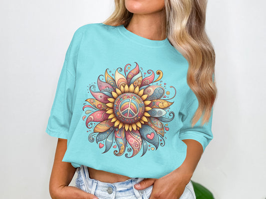 Colorful Sunflower Peace Sign Boho Vintage T Shirt