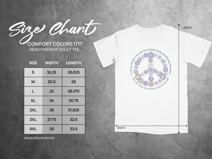 Unique Graphic Peace Sign Shirt with Sizing Chart