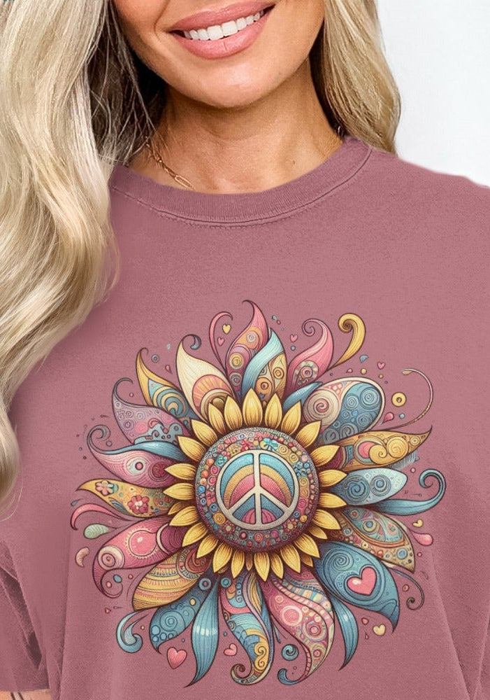Vibrant Artistic Sunflower and Peace Sign Tee