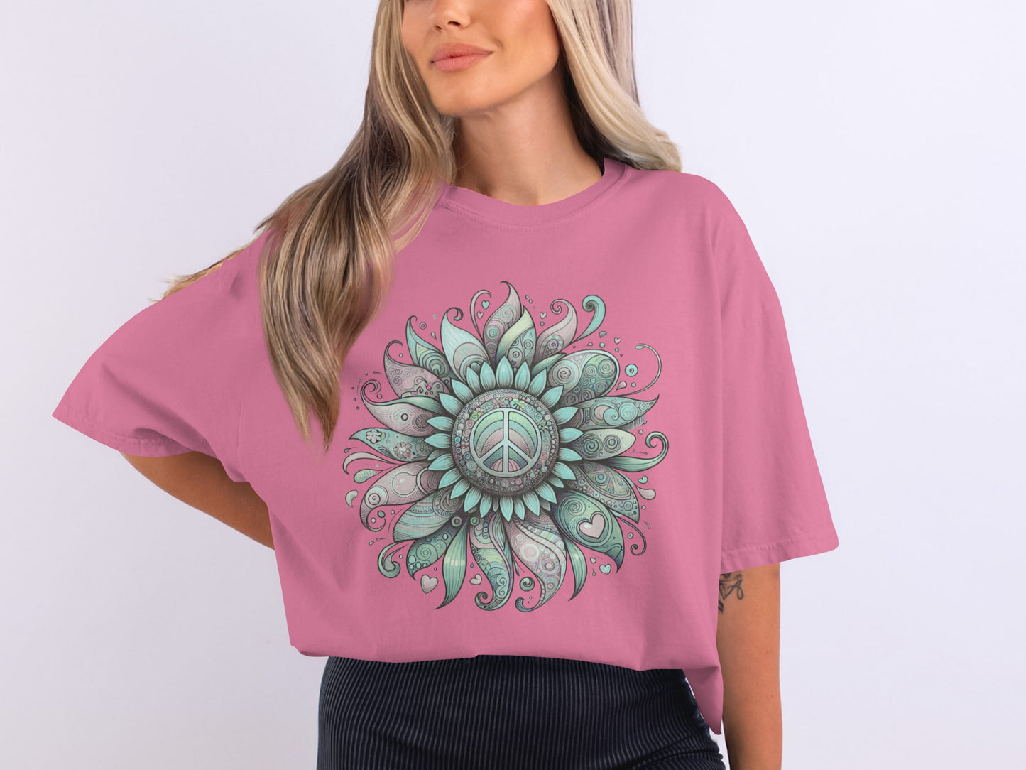 Peace Symbol Mandala Flower Graphic Tee Shirt