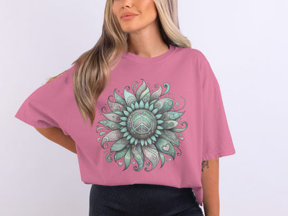 Peace Symbol Mandala Flower Graphic Tee Shirt
