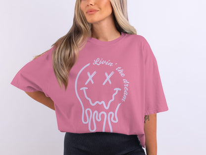 Livin' The Dream Graphic Tee with Dripping Smiley Design