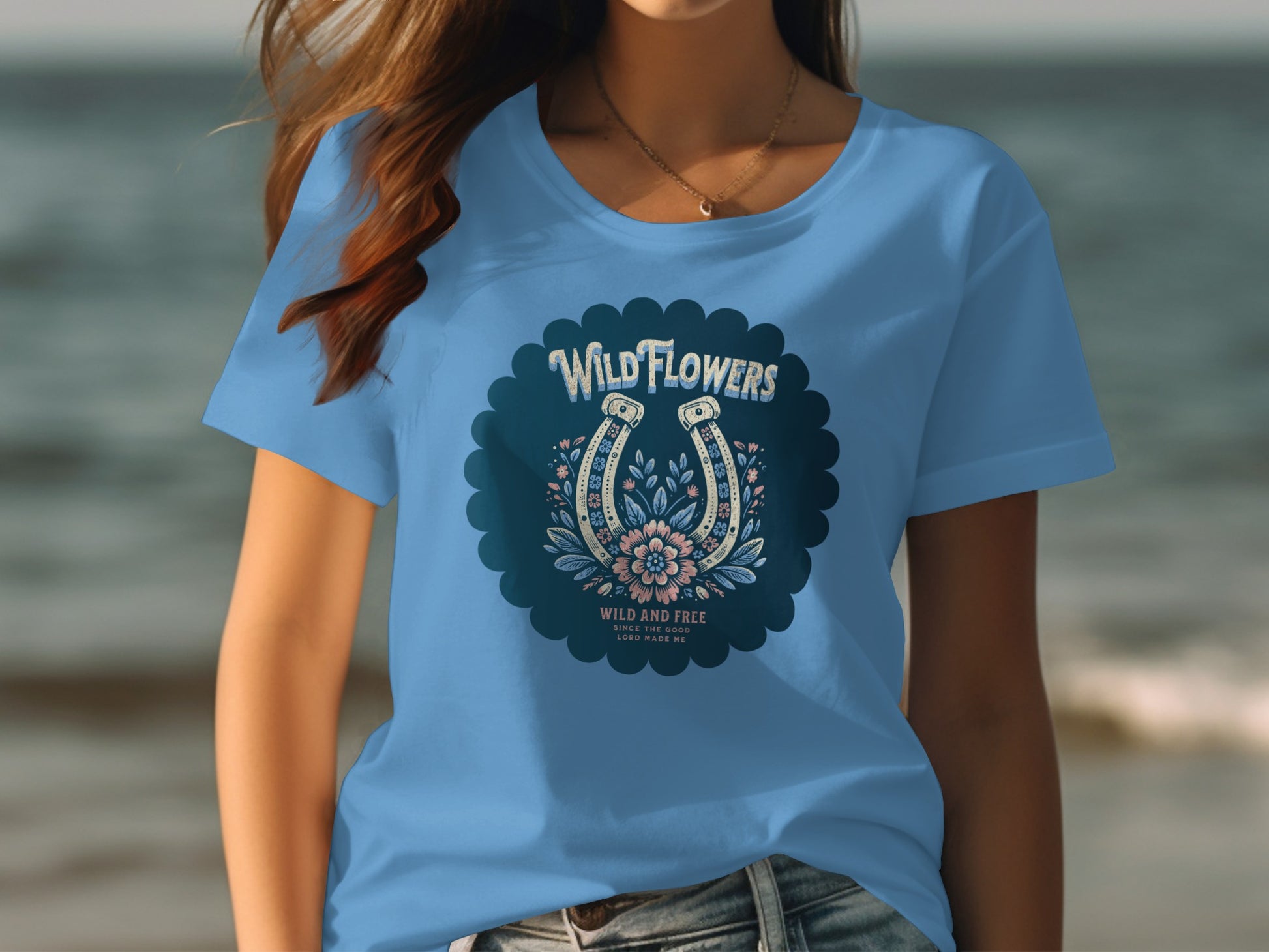 Wild Flowers Wild and Free Blue Graphic T-Shirt