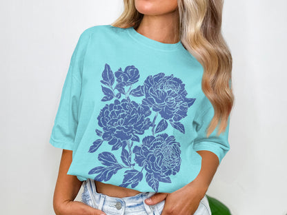 Floral Design Blue T-Shirt Casual Fashion Top