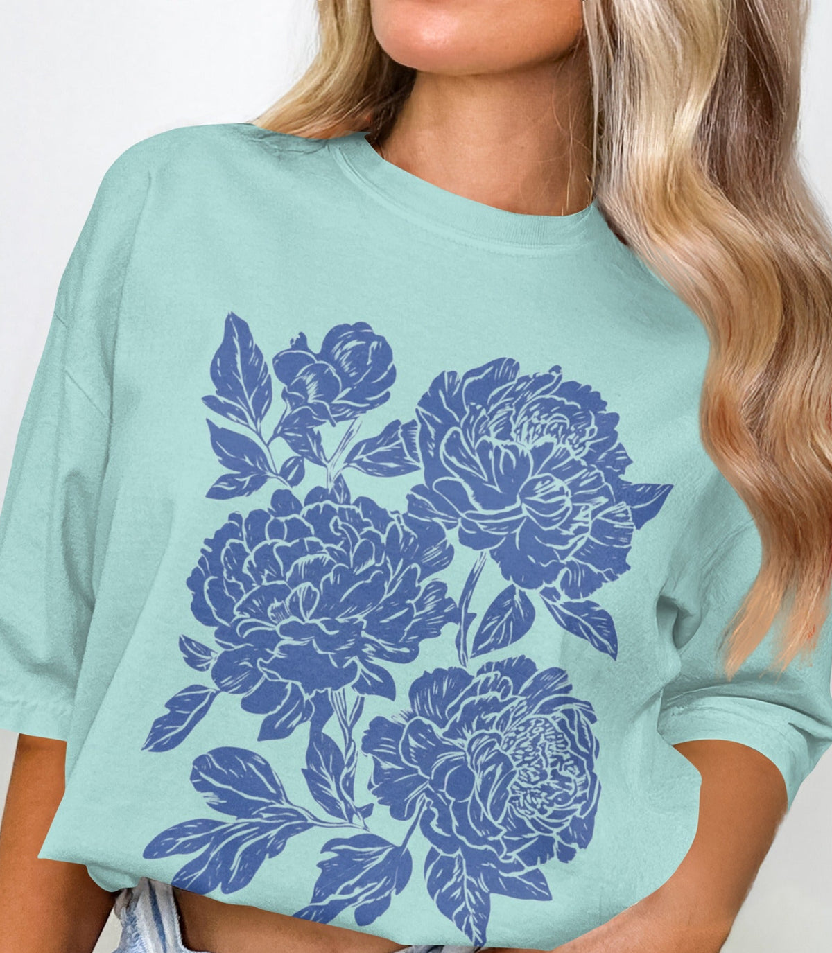 Blue Floral Print on Light Green Shirt Design