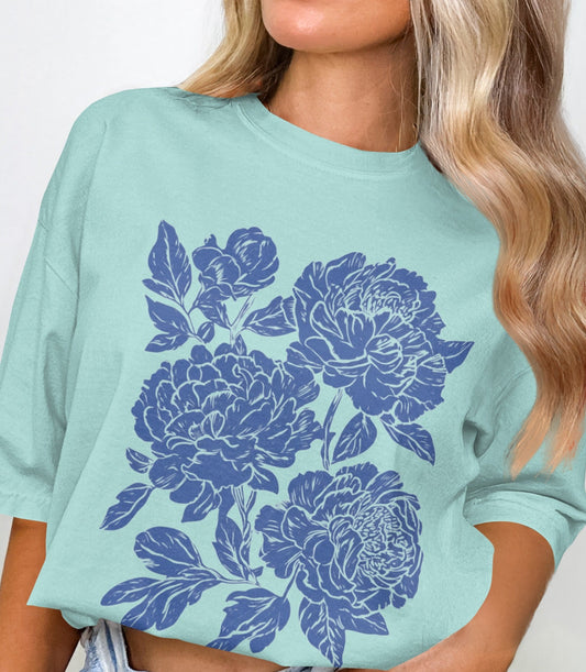 Blue Floral Print on Light Green Shirt Design