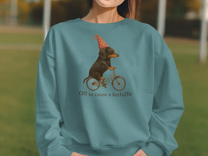 Off to cause a kerfuffle dog on bicycle sweatshirt