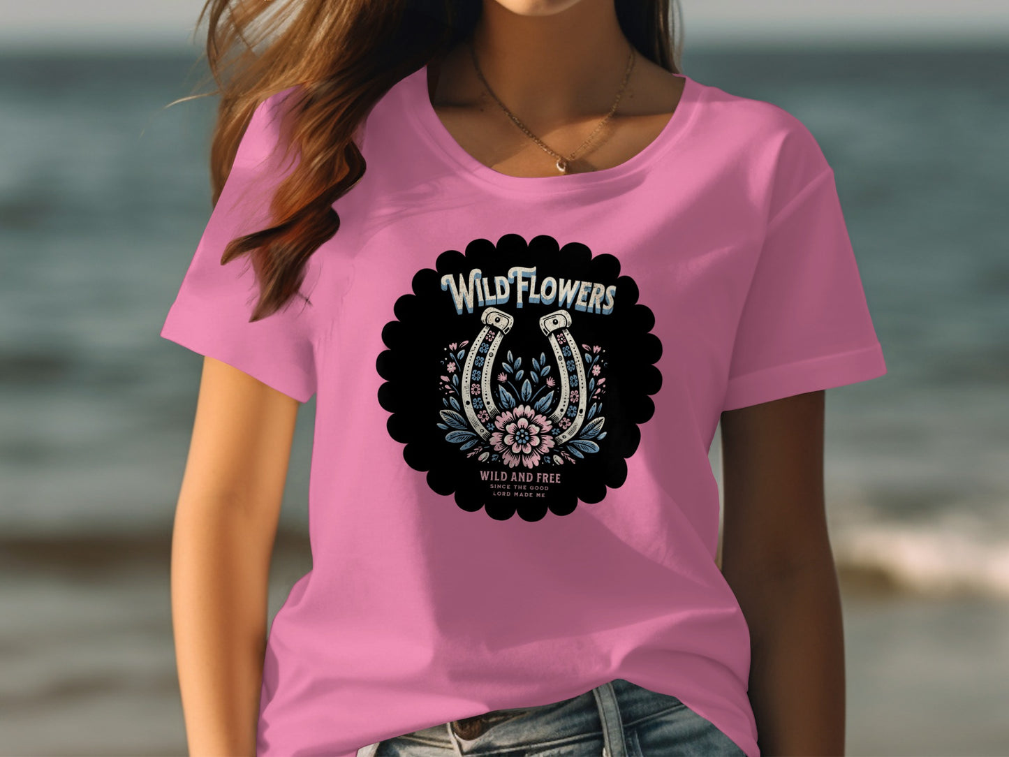Wild Flowers and Horseshoe Design Pink T-Shirt