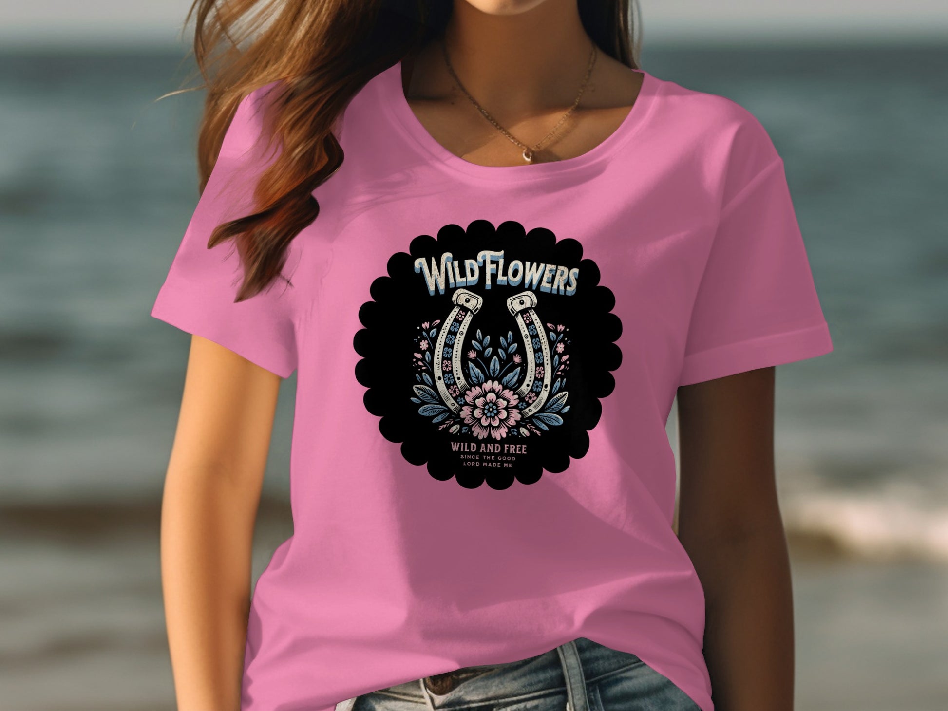 Wild Flowers and Horseshoe Design Pink T-Shirt