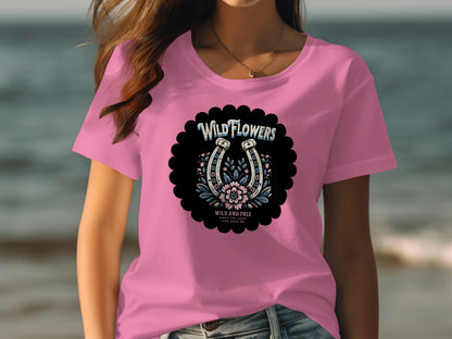 Wild Flowers and Horseshoe Design Pink T-Shirt