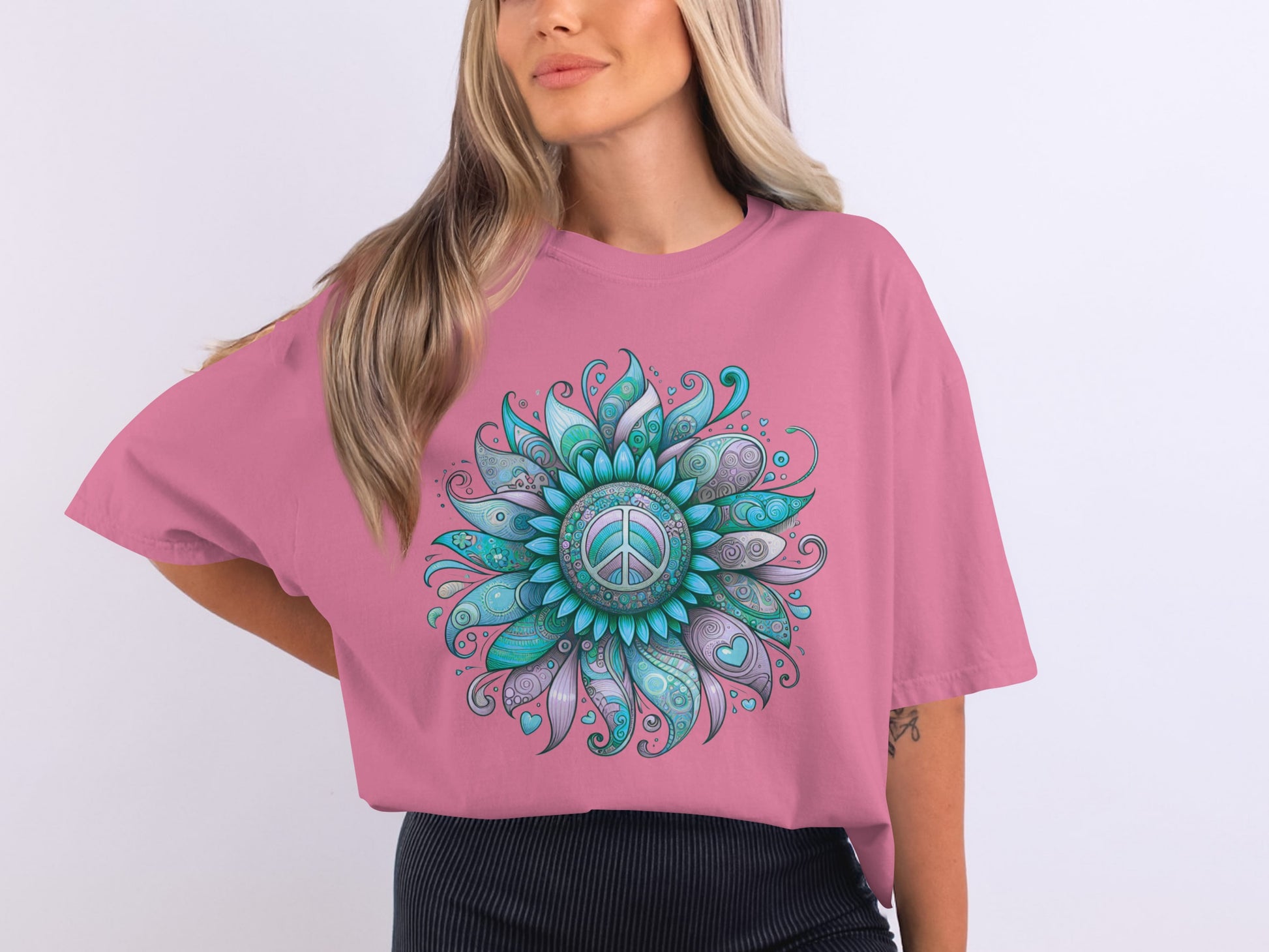 Peace Sign Floral Design on Trendy Casual T-shirt