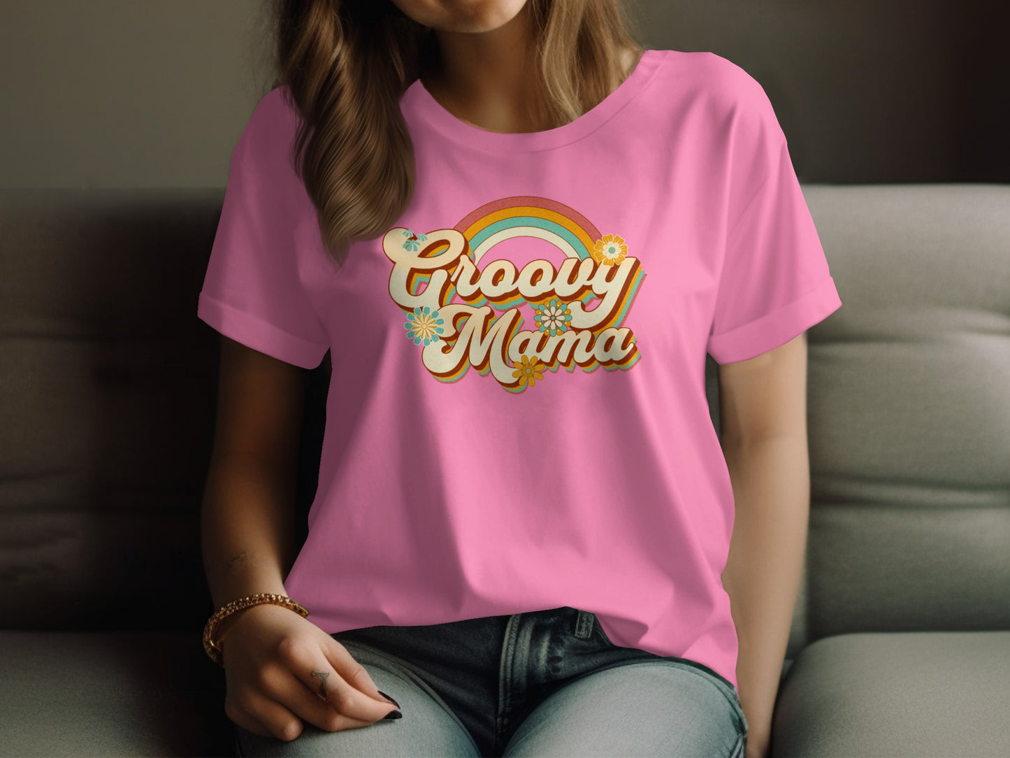 Groovy Mama Rainbow Graphic Women's Pink T-shirt