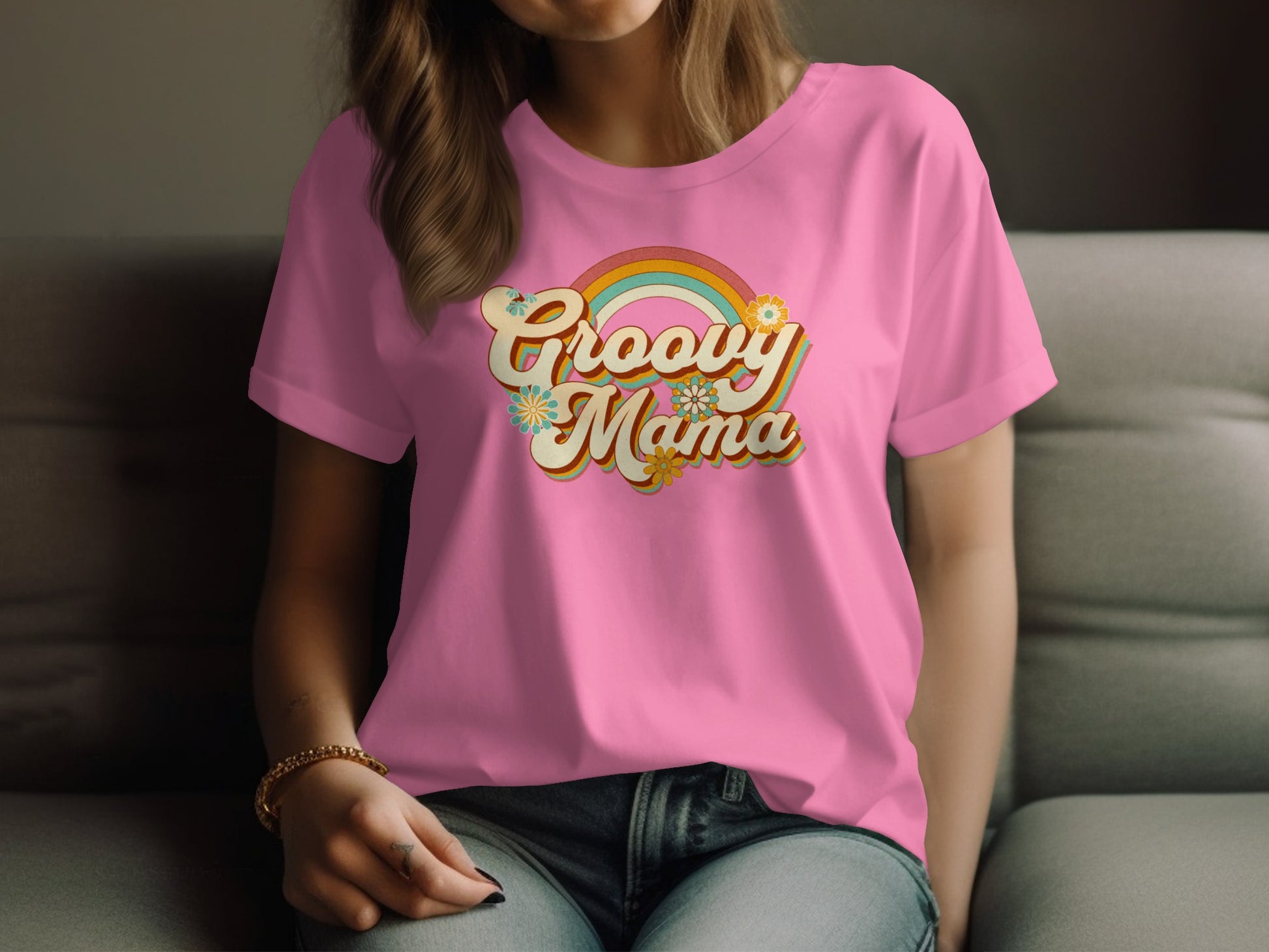 Groovy Mama Rainbow Graphic Women's Pink T-shirt