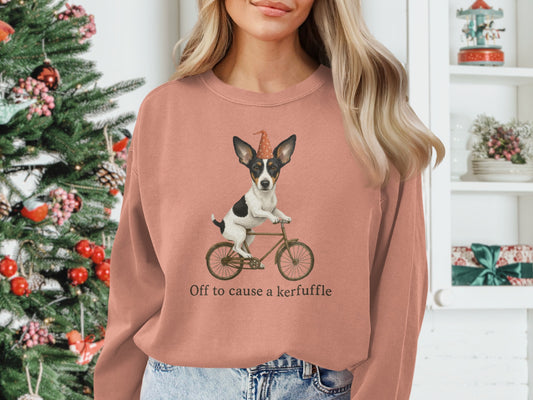 Dog Riding Bicycle Printed Holiday Sweatshirt