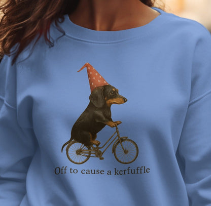 Off To Cause A Kerfuffle Dachshund Bicycle Crewneck