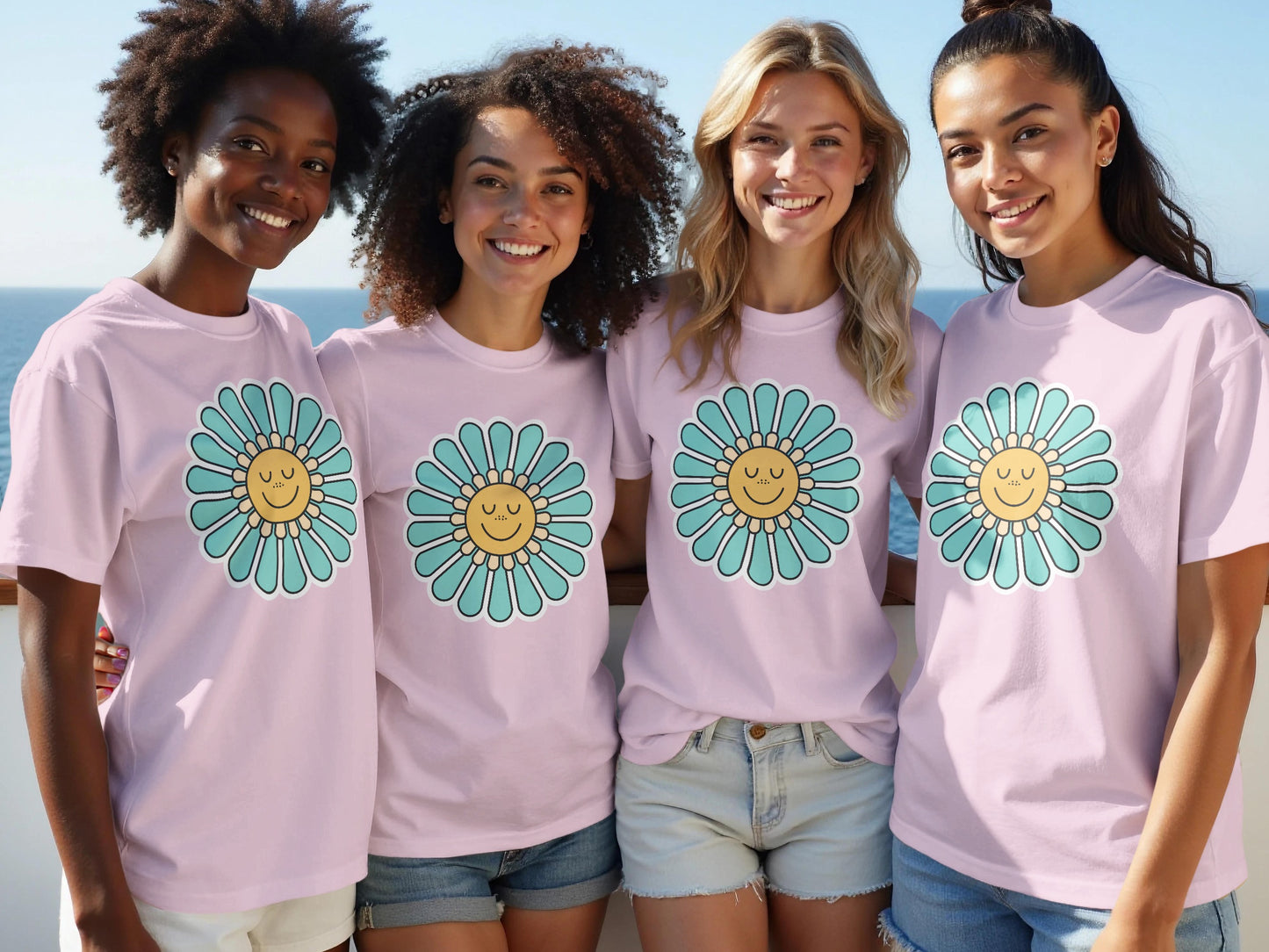 Smiling Sunflower Print T-Shirt with Friends Product