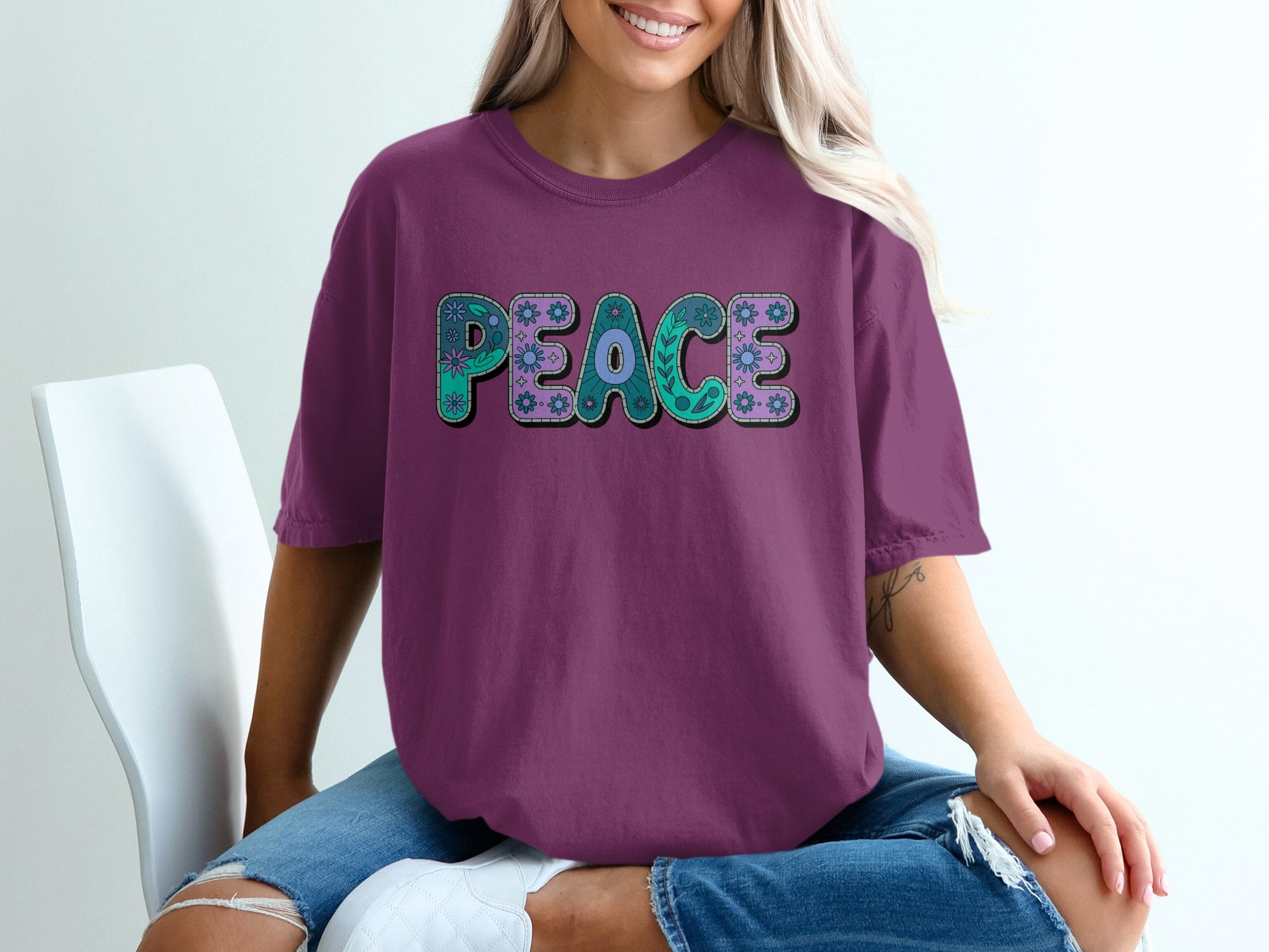 Peace Graphic Tee with Colorful Text Design