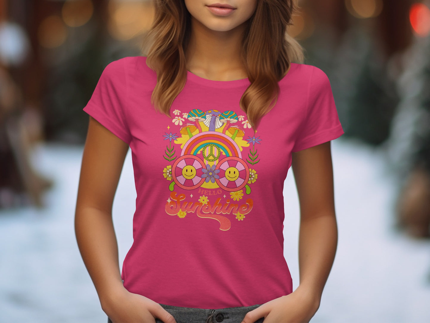Colorful Hello Sunshine Graphic Tee with Smiley Faces