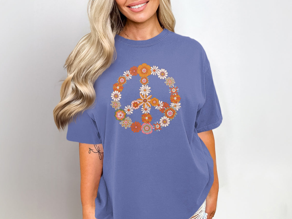 Floral Peace Sign Graphic Tee for Women Fashion