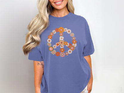 Floral Peace Sign Graphic Tee for Women Fashion