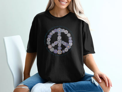 Peace Sign Flowers Graphic Black T-shirt Product