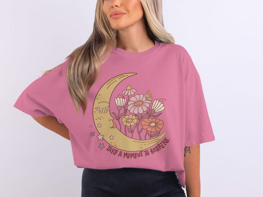 Take A Moment To Breathe Floral Moon T-Shirt