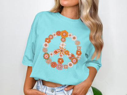 Peace Sign and Floral Patterned Teal Short Sleeve Shirt