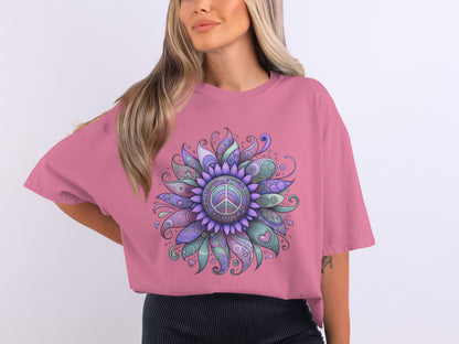 Colorful Peace Floral Art on Pink Shirt
