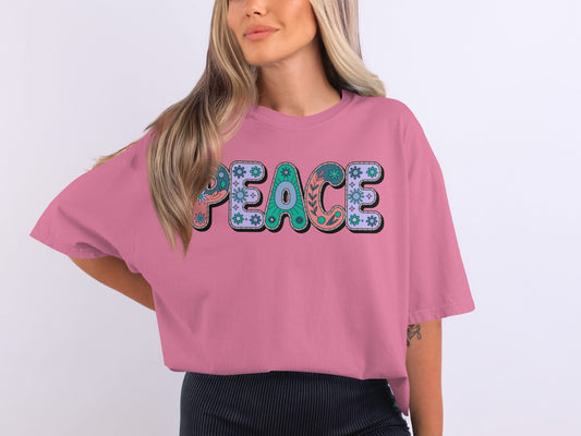 Peace Graphic Tee with Colorful Text Design