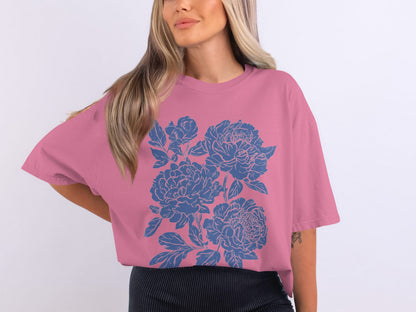 Floral Peony Graphic Design on Pink Oversized Tee
