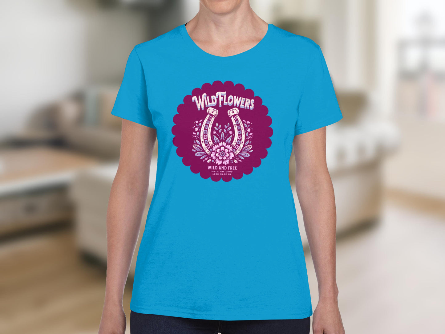 Wildflowers Graphic Design Teal Color T-shirt