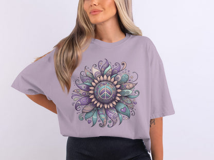 Lavender Oversized Tee with Peace Mandala Design