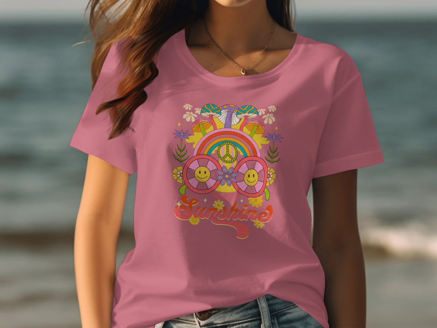 Pink Tee with Retro Sunshine and Smile Design Shirt