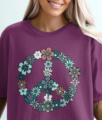 Peace Sign Floral Design Graphic T-Shirt