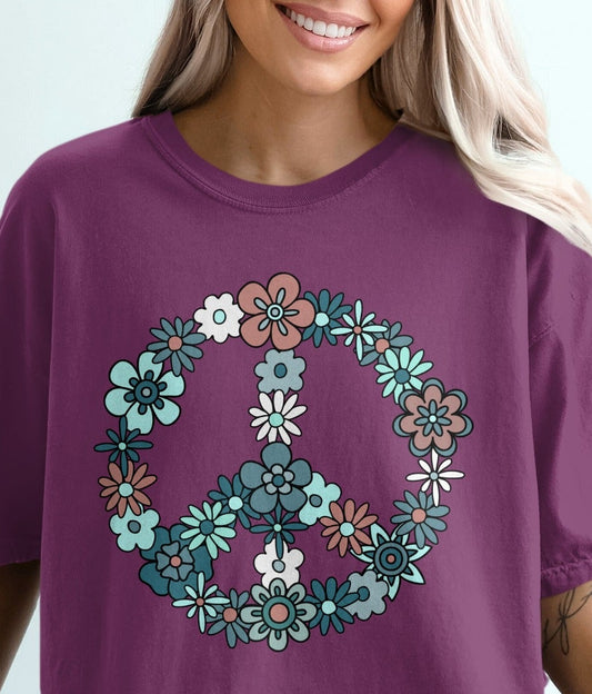 Peace Sign Floral Design Graphic T-Shirt