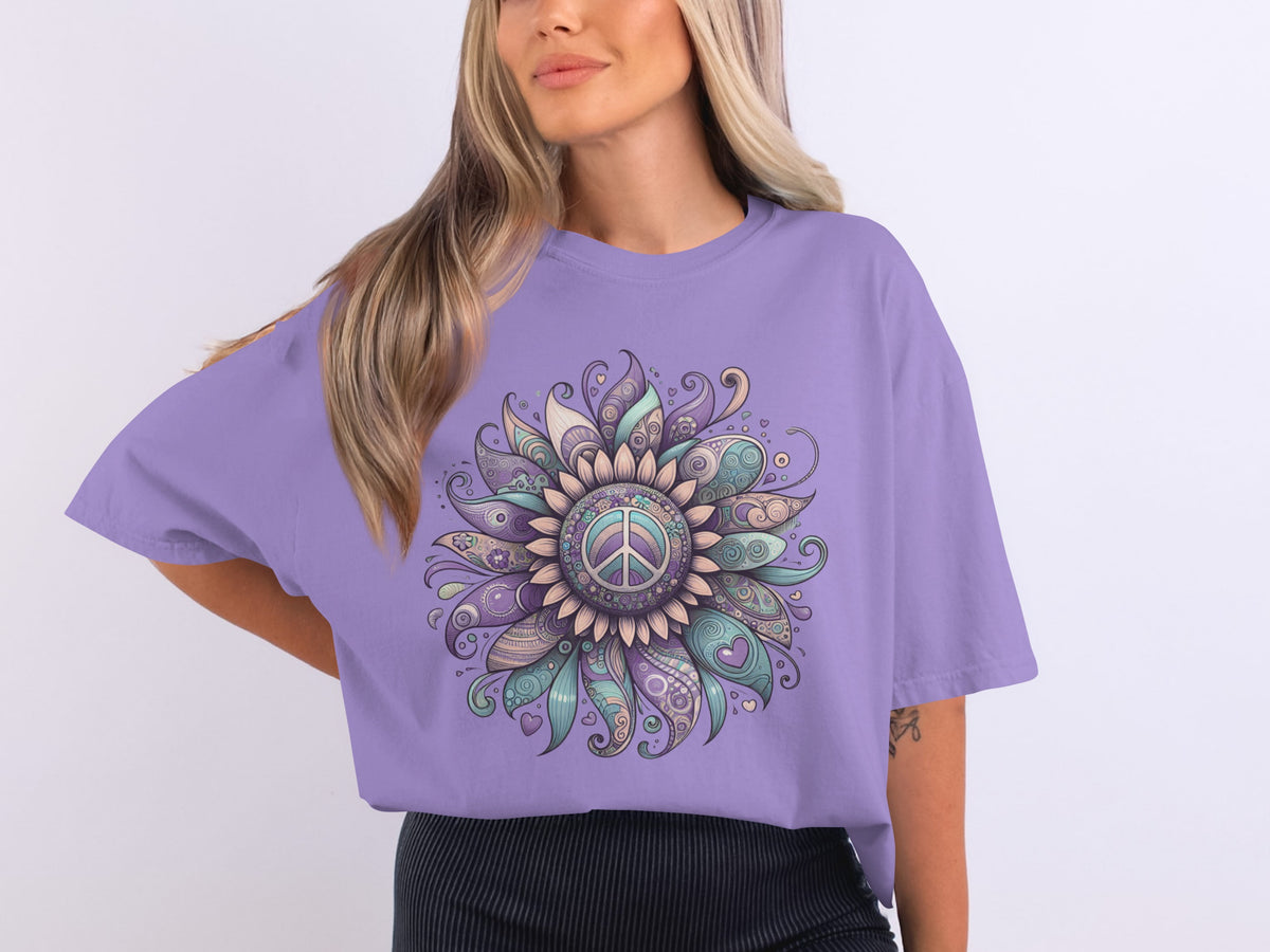 Peaceful Mandala Sunflower on Lavender T-shirt