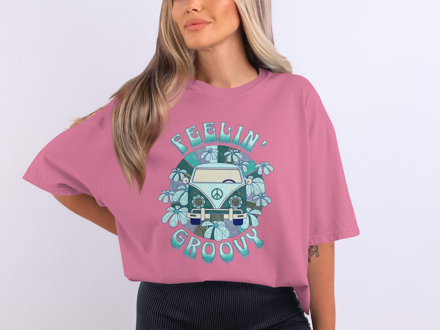 Feelin Groovy Graphic on Pink Oversized Shirt Product